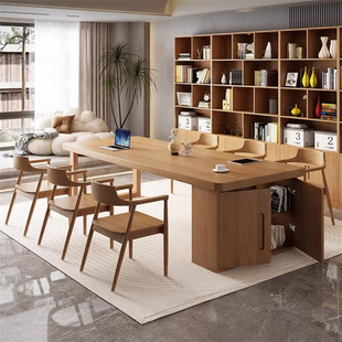 Home Office Study Table Workbench Large Table to Living Room Solid Wood Large Desk Bookcase Integrated Storage Long Table