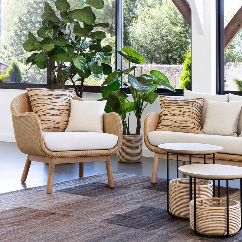 Sofá de madera maciza al aire libre patio ocio simple terraza villa balcón jardín silla de caña muebles mesa de té combinación