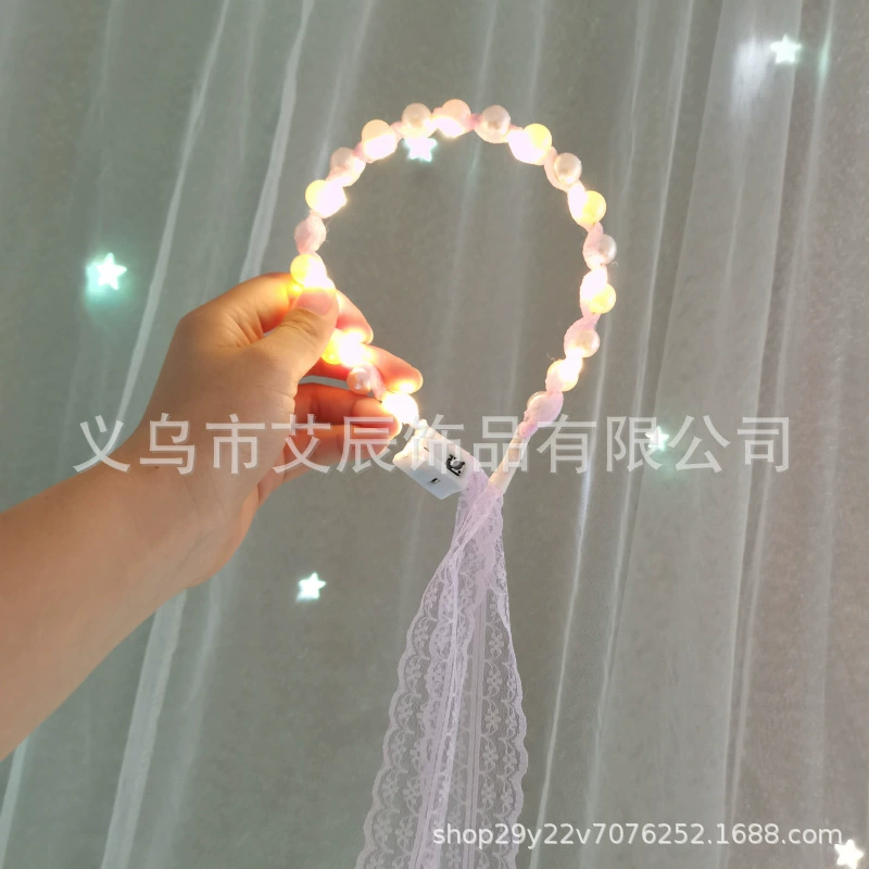 Ободок жемчужный с LED-подсветкой, кружевные ленты, мигающие огни, 0,03 кг