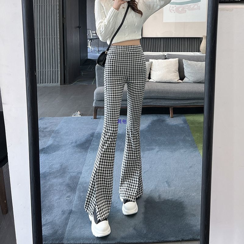 Houndstooth Slim-Fit Flared Pants for Women, Autumn and Winter New Style, Slit Casual Pants, Fashionable High-Waisted Petite Floor-Length Pants