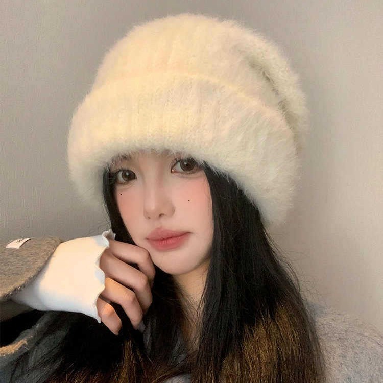 大头围加绒加厚兔毛毛线帽秋冬甜美百搭保暖帽显脸小护耳堆堆帽新|undefined