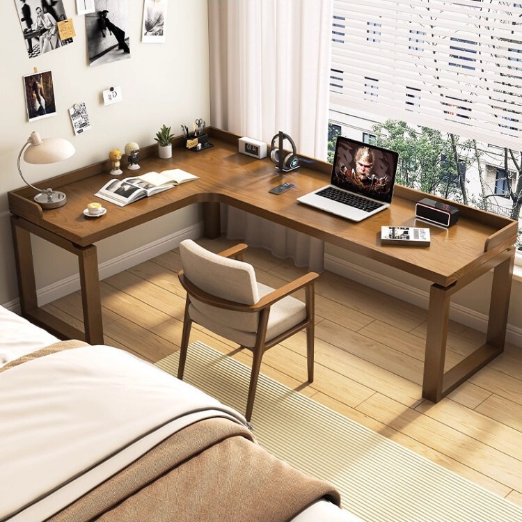 Solid Wood Corner Desk Bookshelf Integrated Wall-Mounted L-Shaped Seven-Character Table Student Home Bedroom Study Table Workbench