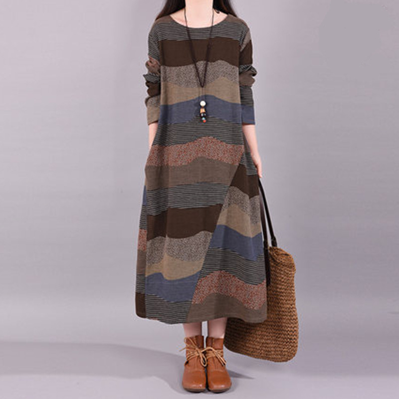 清仓捡漏~专柜大牌棉麻长袖连衣裙宽松显瘦复古条纹拼接亚麻长裙