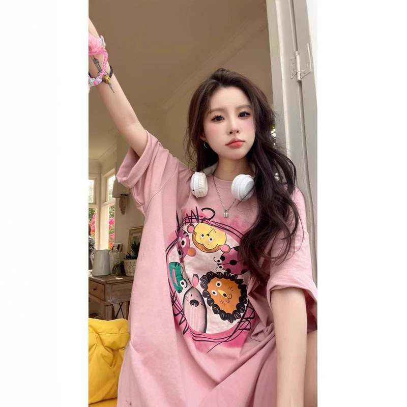 Pure Cotton Cartoon Printed Pink Short-sleeved T-shirt Women's Ins Fashionable Summer Half-sleeved T-shirt Loose plus size Lazy Style Top