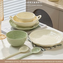 クリーム風手捏ね食器セット 家庭用陶磁器食器 高級感のあるボウル、皿、スプーン、醤油皿 5inch個のライスボウル