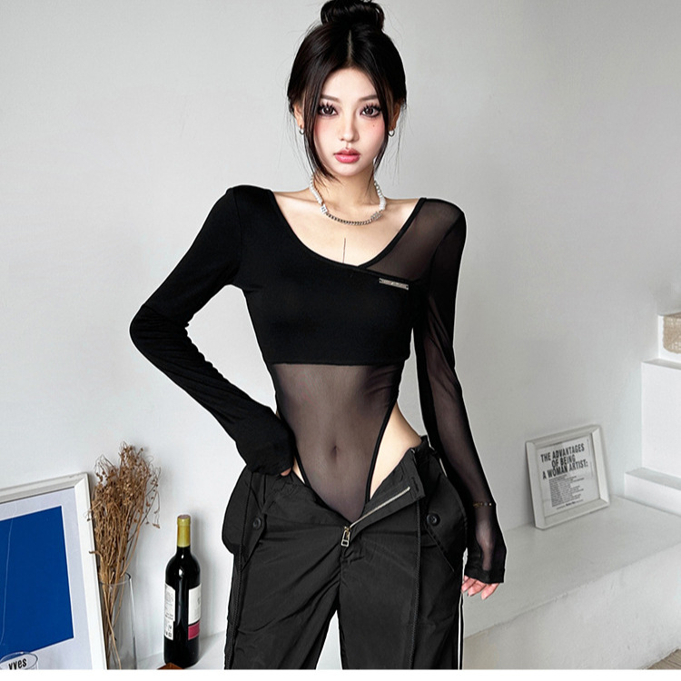 Sexy Pull Sister Style Black Mesh Stitching Long-Sleeved T-Shirt Women's Slim-Fit Slim Base All-Match All-Match