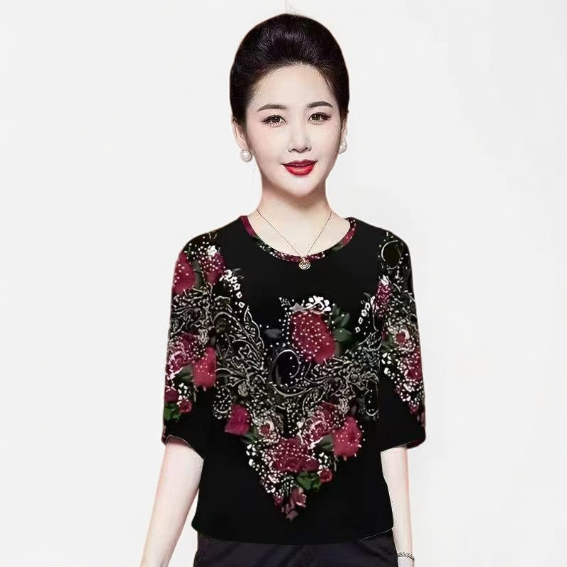 Ethnic Style Printed Pullover Floral Top for Women, Thin Blouse for Middle-Aged and Elderly Mothers, Summer Half-Sleeve T-Shirt Ethnic Style Printed Pullover Floral Top for Women, Thin Blouse for Middle-Aged and Elderly Mothers, Summer Half-Sleeve T-Shirt