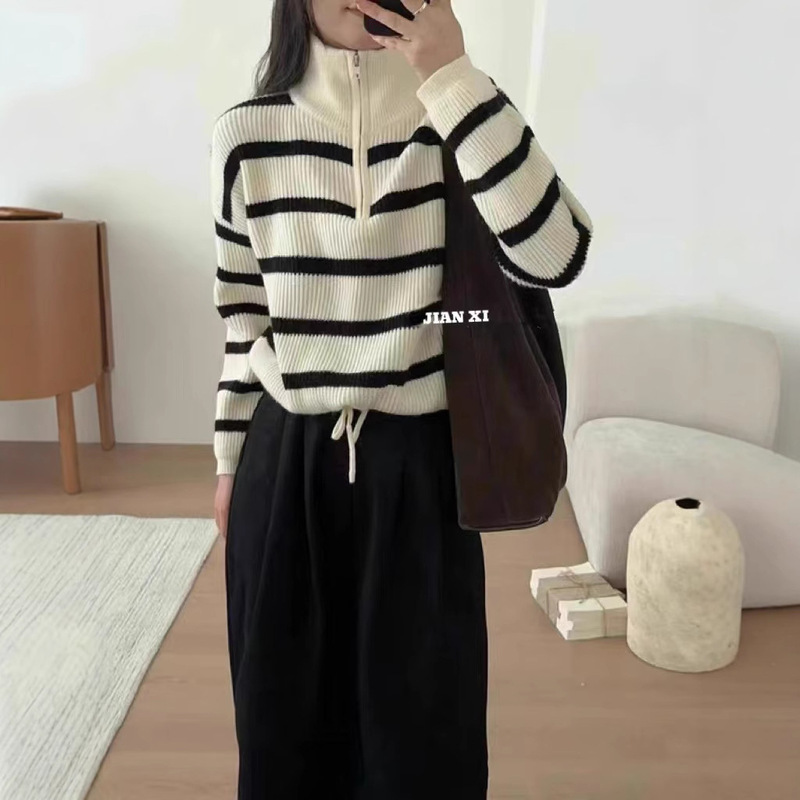 Half-Zip Turtleneck Striped Sweater Women's Autumn and Winter Explosions Lazy Top Drawstring Short Pullover Knitwear Half-Zip Turtleneck Striped Sweater Women's Autumn and Winter Explosions Lazy Top Drawstring Short Pullover Knitwear