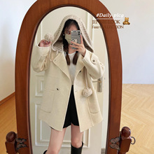 毛线球学院风针织帽可脱卸双面大衣减龄可爱千金羊毛绒外套女P381