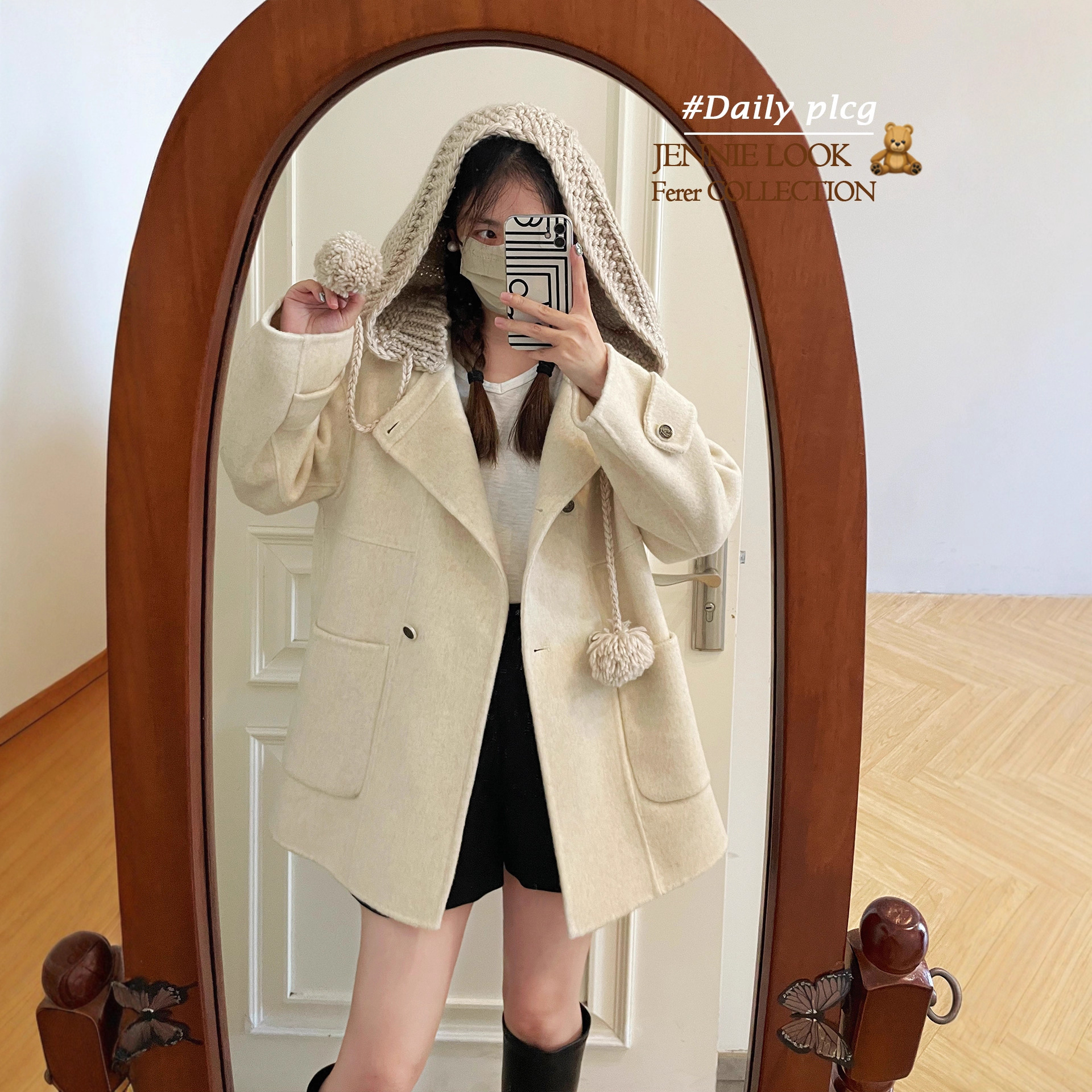 毛线球学院风针织帽可脱卸双面大衣减龄可爱千金羊毛绒外套女P381