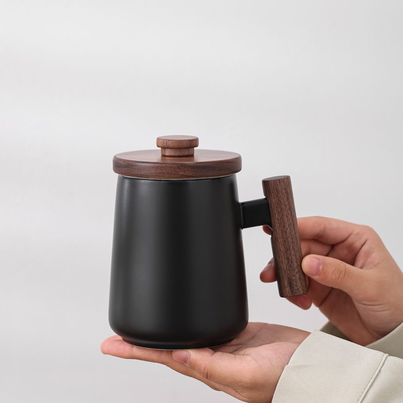 Mango de madera taza de cerámica taza de café taza de agua taza con cubierta de acero inoxidable logos grabados