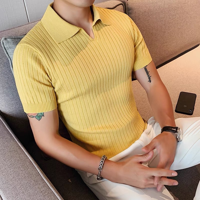 Verano nueva camiseta de punto seda de hielo de manga corta hombre delgado comercial polo camiseta de cuello V camiseta comercio exterior Europa y América al por mayor transfronterizo