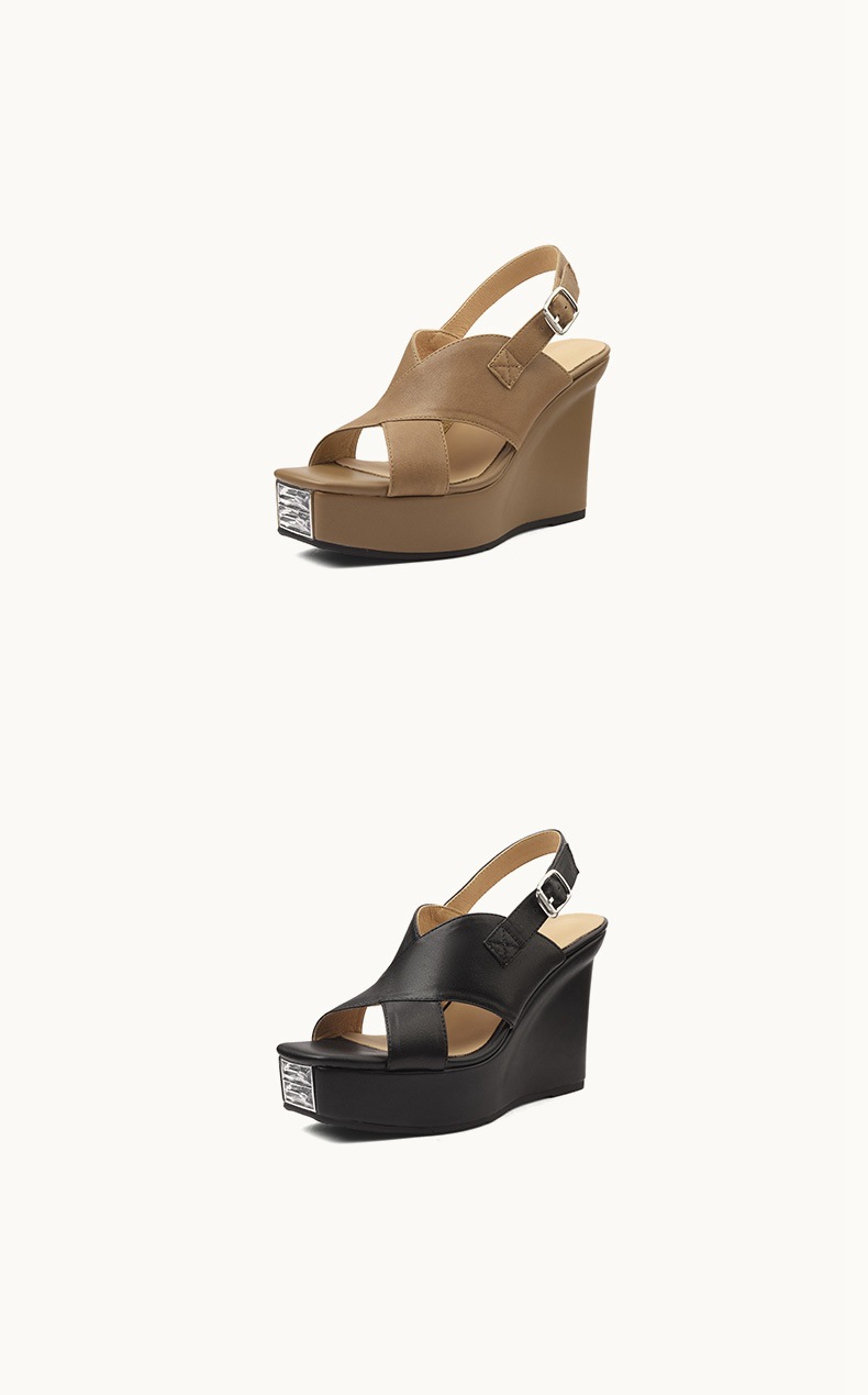 Sandal cao gót nữ hở mũi da cừu đế dày 10 cm, phong cách hiện đại — đen chi tiết 8