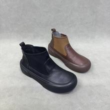 大码秋新短筒款头层牛皮中性休闲百搭切尔西靴时尚弹力松紧女靴