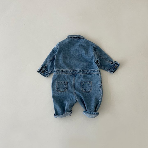 Korean infants and young children's autumn clothing, fashionable street denim jumpsuits, men's and women's baby long-sleeved work clothes, romper clothes, outdoor clothes