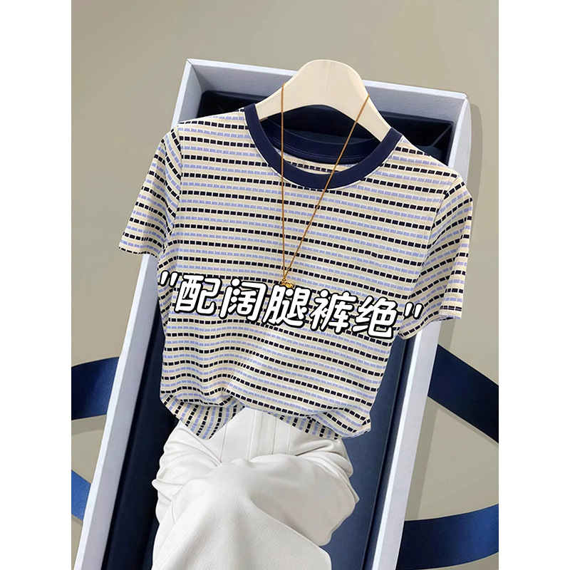 2026 Summer Striped Collar Pure Cotton Round Neck Short-Sleeve T-Shirt for Women, Trendy and Youthful Top