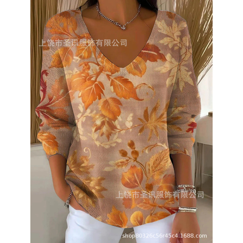 欧美跨境独立站新款3D印花女士时尚渐变色V领长袖T恤上衣|undefined