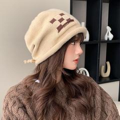 秋冬新款抽绳式棋盘格针织毛线帽女网红堆堆帽大头围百搭包头冷帽
