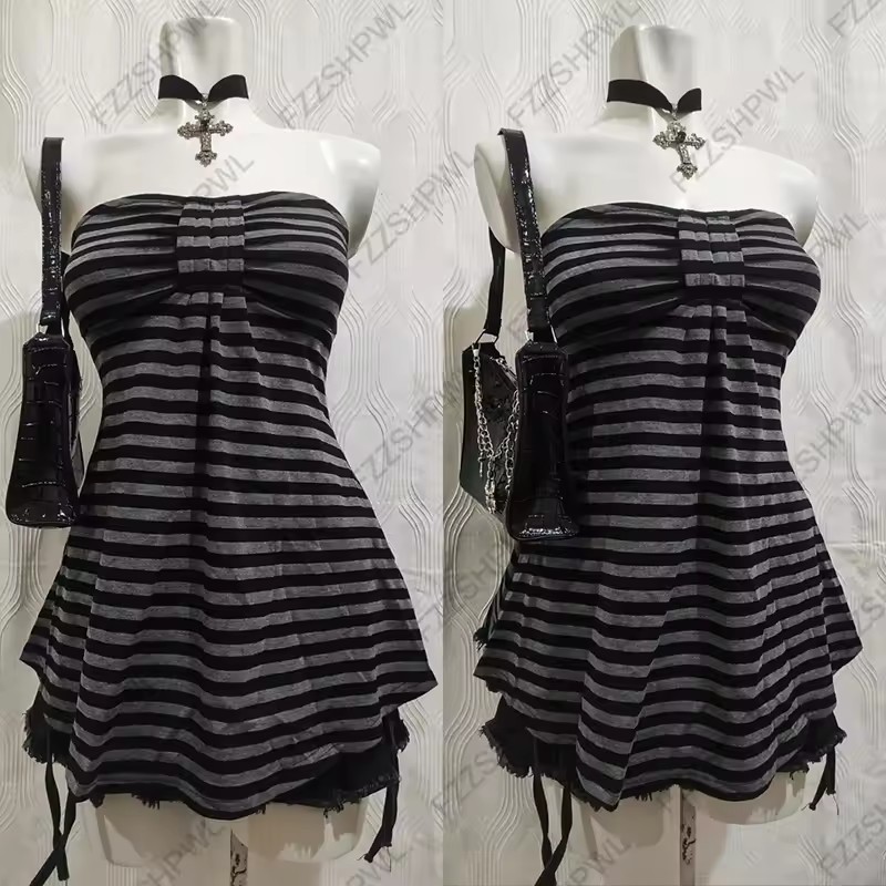 Cross-Border Y2K Korean Punk Striped Waist-Cinching Crop Top Sexy Strapless Camisole Tank Top