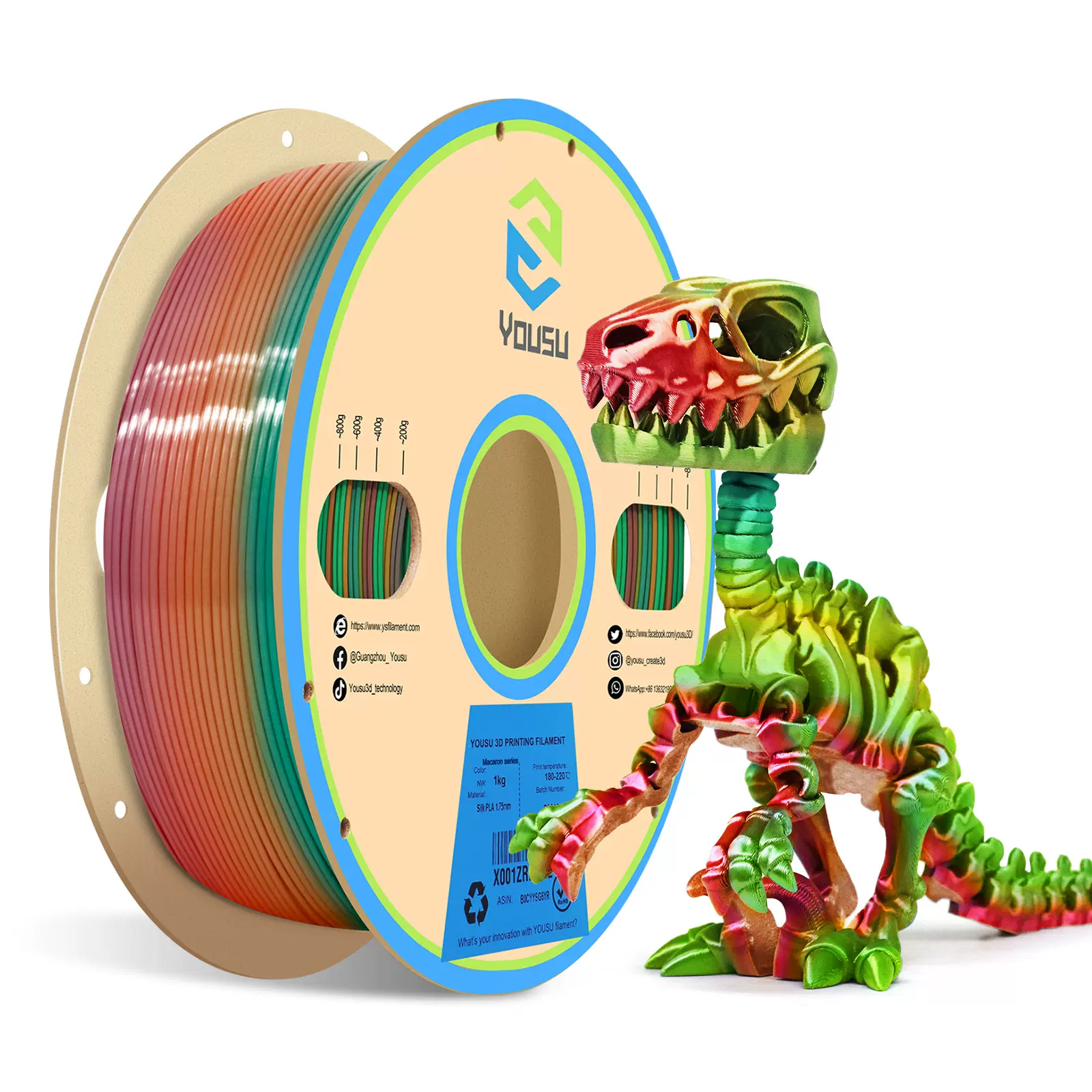 优塑Yousu 丝绸彩虹PLA 3D打印耗材 丝绸光泽 炫彩多色