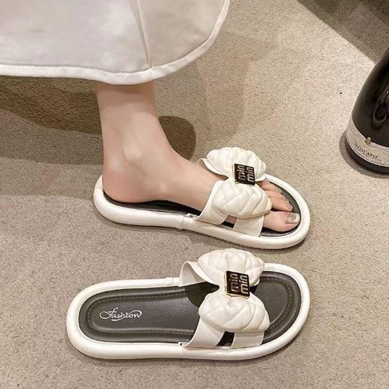 Summer New Style Small Fragrant Bow-Knot Design Women's Slippers for Outdoor Wear, Thick-Soled, Fashionable, Soft-Soled, Comfortable Women's Shoes