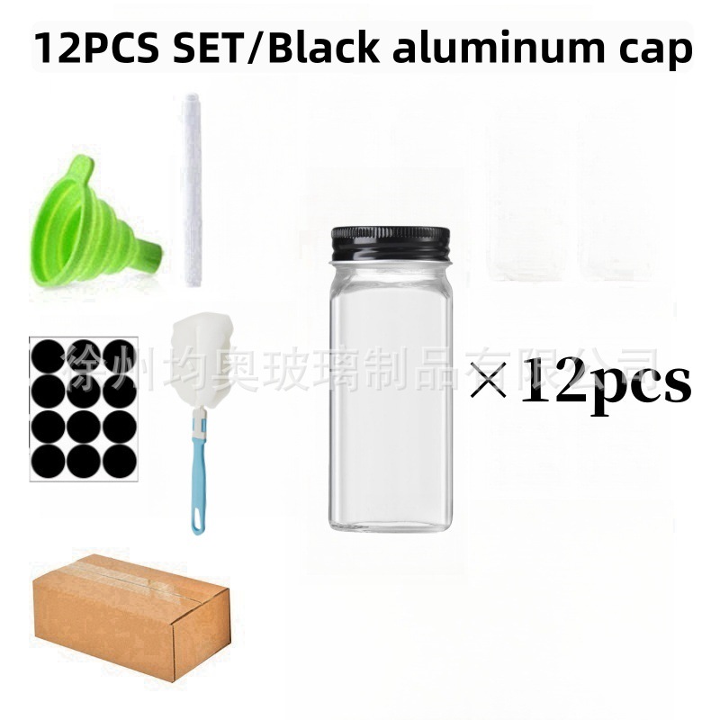 [검은색 알루미늄 캡 모델] 조미료병 12종 세트(마커, 스티커, 깔때기, 브러쉬 포함)