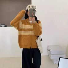 韩版宽松条纹连帽毛衣外套女秋冬穿搭保暖软糯拉链拼色针织开衫