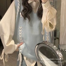 两件套装韩系校园风蝴蝶绑带针织马甲背心毛衣女学生+绑带衬衫