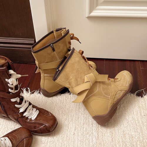 2025 Fall New Niche Design Sensibility Inner Heel Lift Women's Versatile Color Block Laced Boxing Boots Fashion Boots