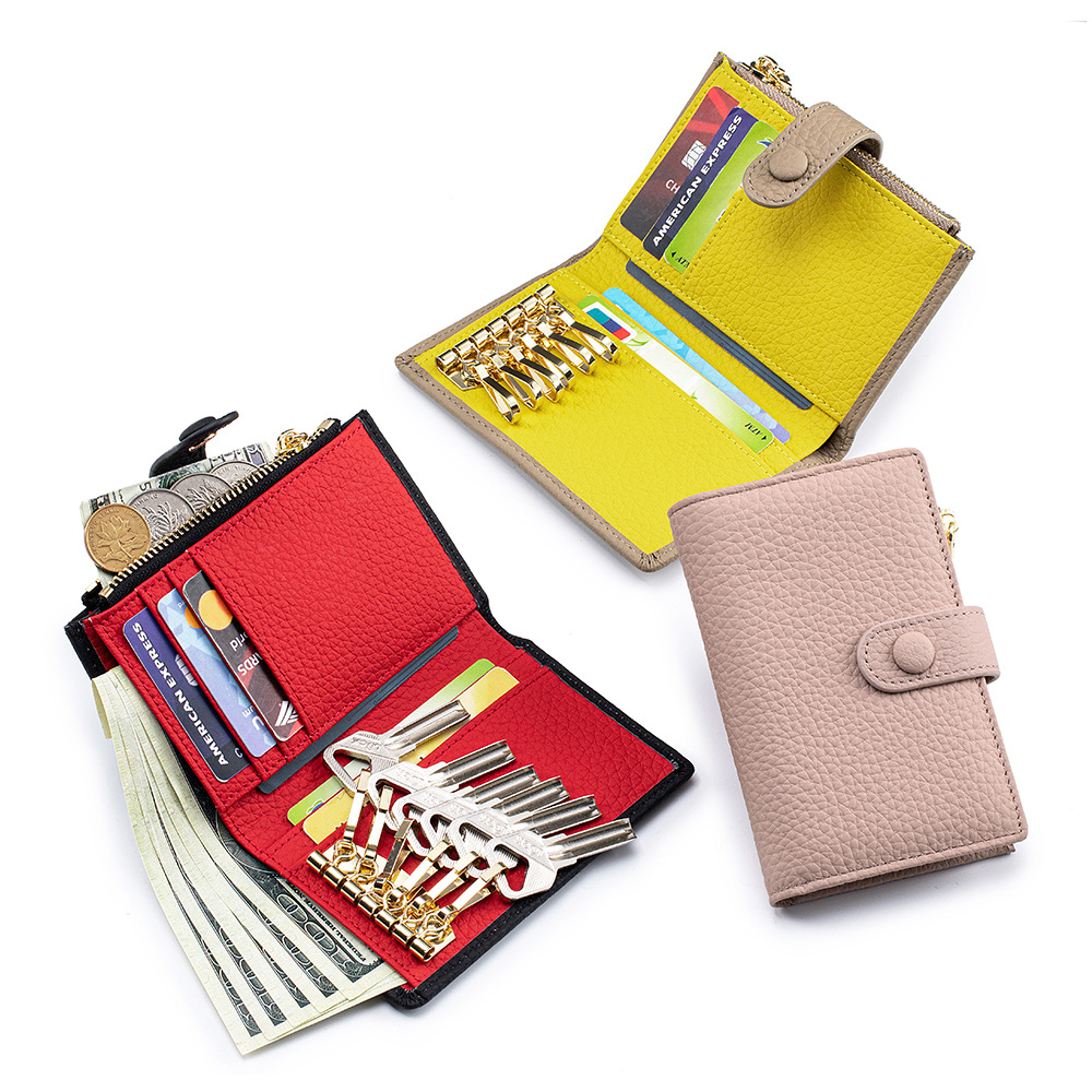 Genuine Leather Multifunctional Key Case for Women, First-Layer Cowhide, High Aesthetic Short Wallet, Coin Storage Pouch, Large Capacity