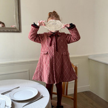 橙乐25冬季 韩版女童复古红格呢大衣外套 丝绒手缝蝴蝶结大衣