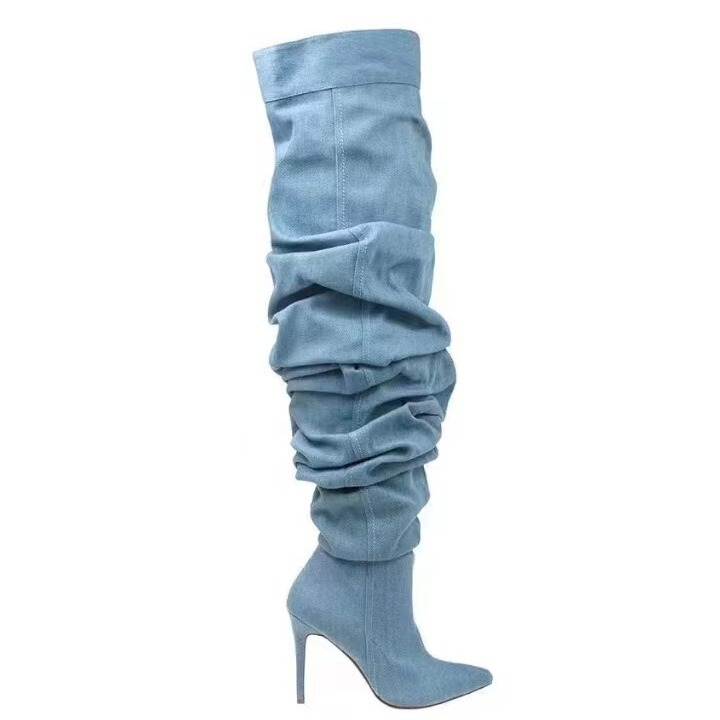 2024 foreign trade cross-border new waste soil pointed stiletto heel stiletto heel side open zipper pleated plus size long boots pile boots