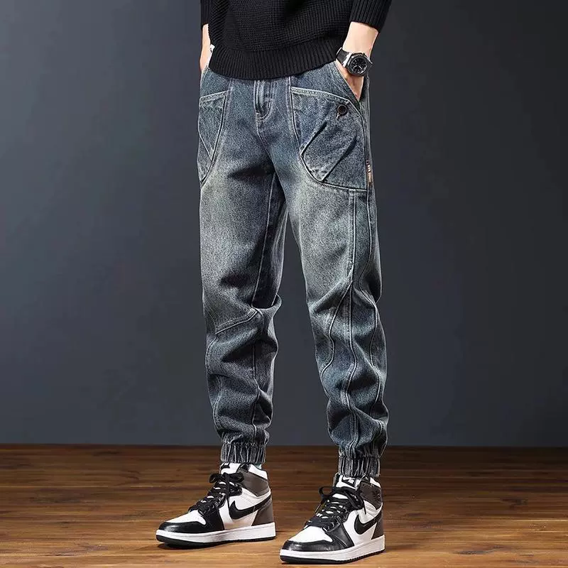 跨境亚马逊秋冬新款解构风束脚牛仔裤男士美式复古半松紧长裤外贸