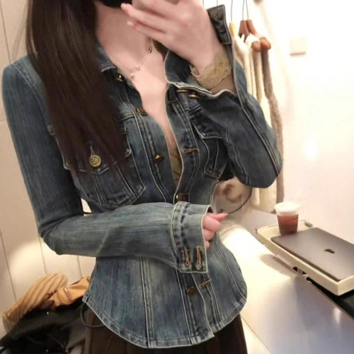 Retro Blue Polo Collar Elastic Denim Shirt for Women - Winter High-End Fitted Slimming Overshirt