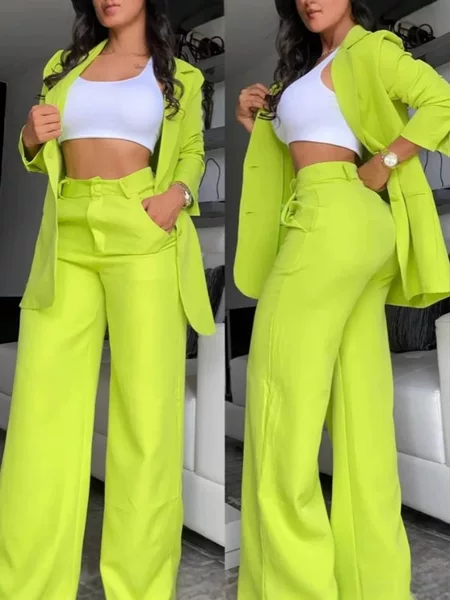 2026 European and American Foreign Trade Women's Clothing, Elegant and Stylish Solid Color Suit with Split Sleeves, Lapel, Pocketed Blazer, and Straight-Leg Pants Set