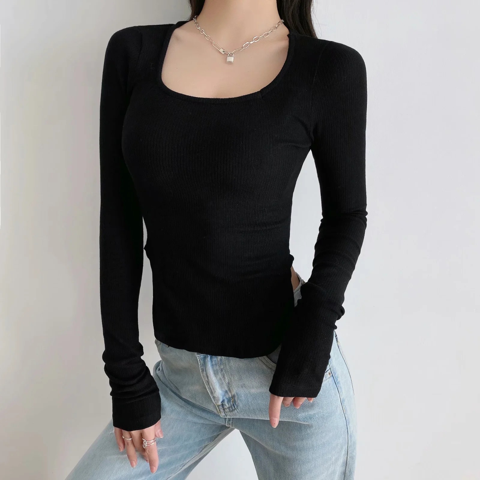 square neck irregular hem pit strip knitted T-shirt  NSAC32074