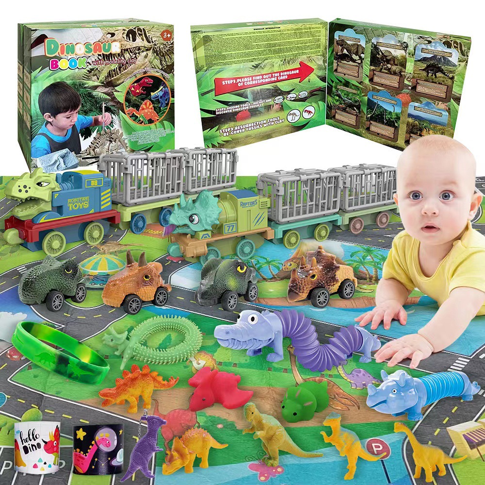 Tarjeta de identificación de dinosaurio transfronteriza caja ciega Tyrannosaurus coche de juguete Triceratops tubo telescópico extrusión CALENDARIO DE cuenta atrás