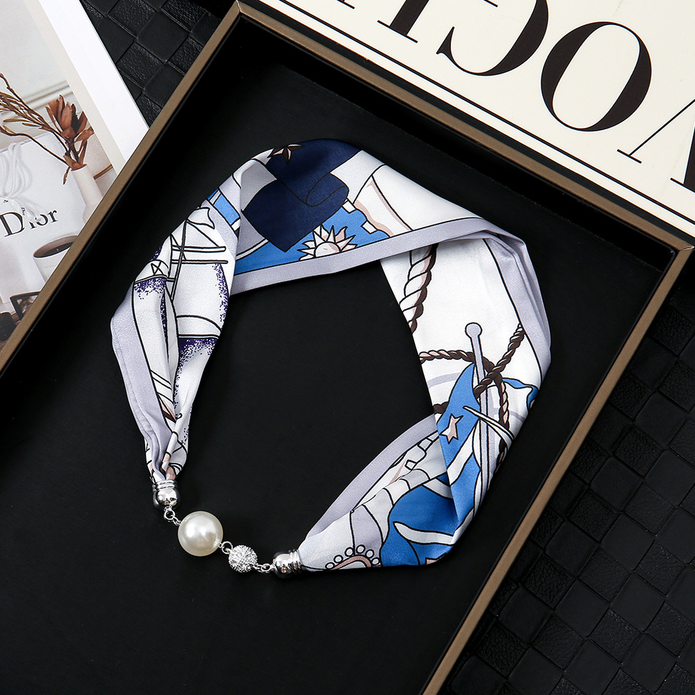 Pañuelo de seda con hebilla magnética de diamantes con incrustaciones de perlas collar mujer retro todo fósforo moda bufanda fina hebilla autocebante babero al por mayor
