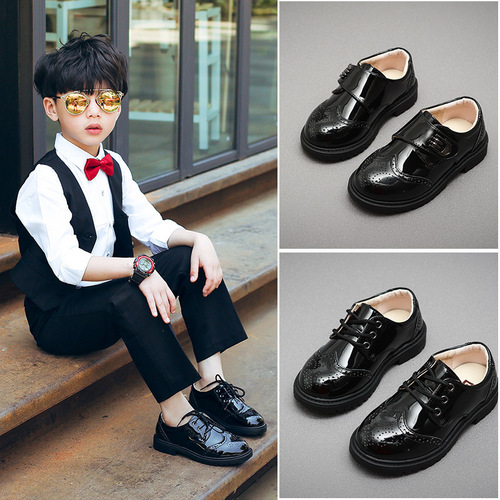 Boys' leather shoes, black British style, 2024 spring and autumn children's suit, soft-soled elementary school students' medium to large baby flower boy performance shoes