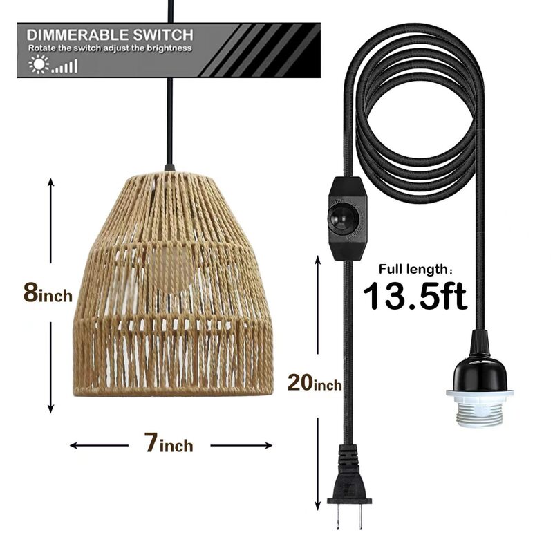 Cute plug chandelier dimmable Wicker pendant lamp hand-woven Bohemian lamp plug ceiling lamp for bar