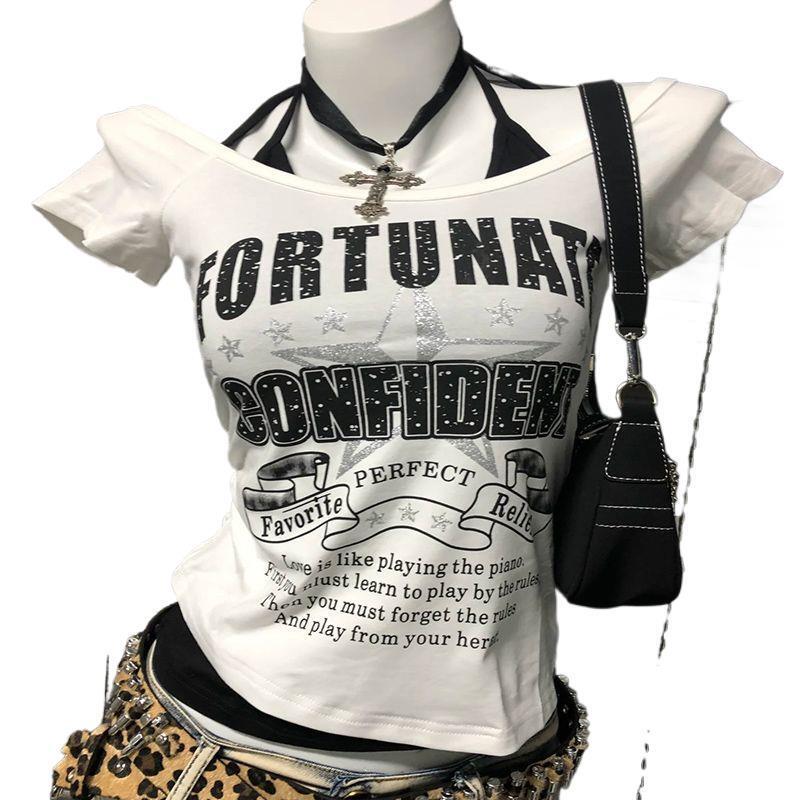 American Retro Vintage Short-sleeved T-shirt 2025 Summer Spice Girls Niche Design Short Fake Two-piece Strap Top