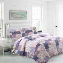 亚马逊床盖三件套田园风花卉拼接绗缝被可水洗空调被纯棉床上用品