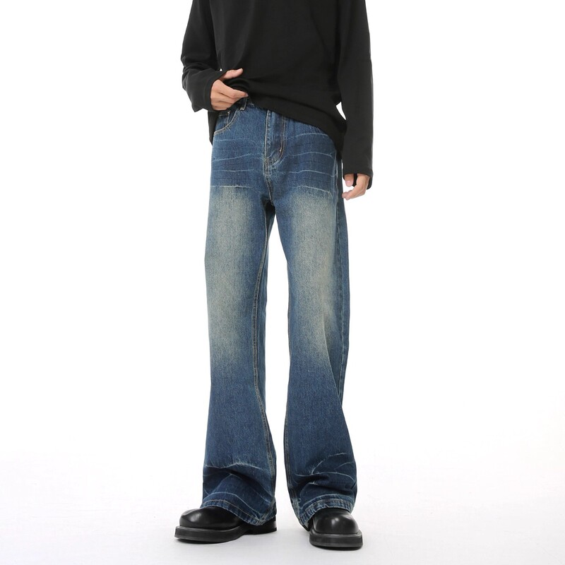 Voguo Relay Original Retro Blue Washed Design Water Ripple Jeans for Men and Women, Micro-Flared Pants