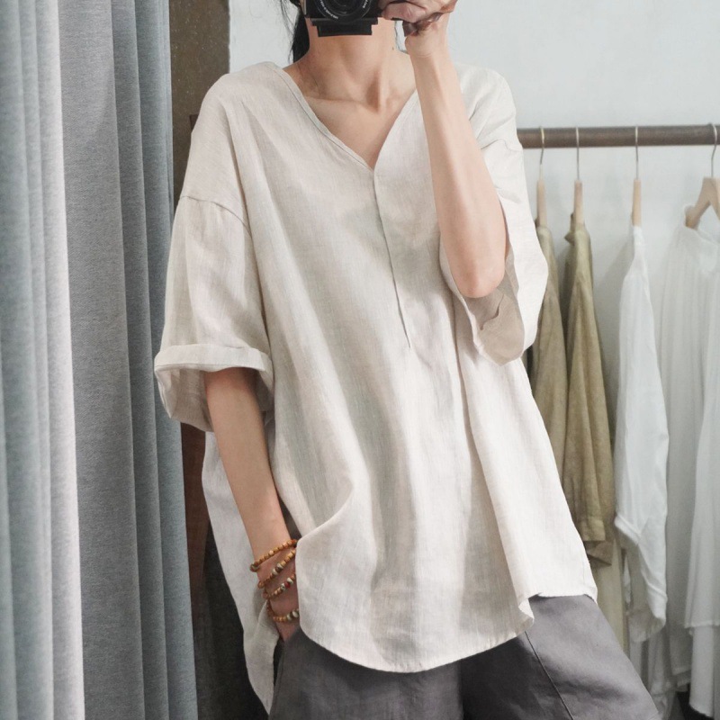 Women's Clothing Summer Style Women's Casual Shirt Short Sleeve Loose Cotton Linen Top Plus Size Pink And Black_ecoleips.com