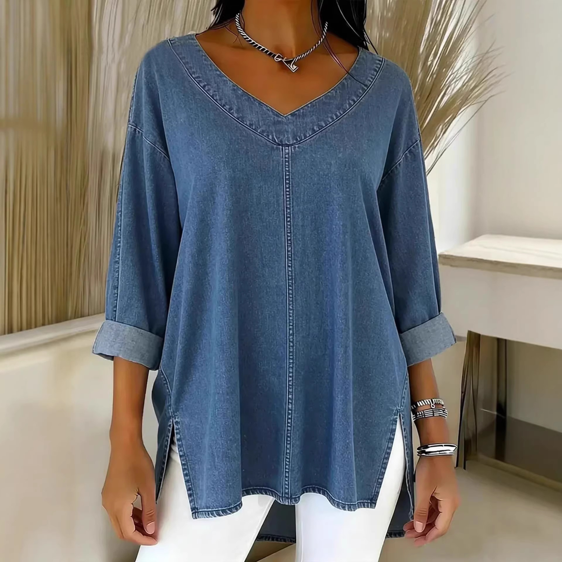 Women's Street Style Denim Long Sleeve Shirt, Classic Blue & Black Washed Cotton Jacket For Casual Layering_ecoleips.com