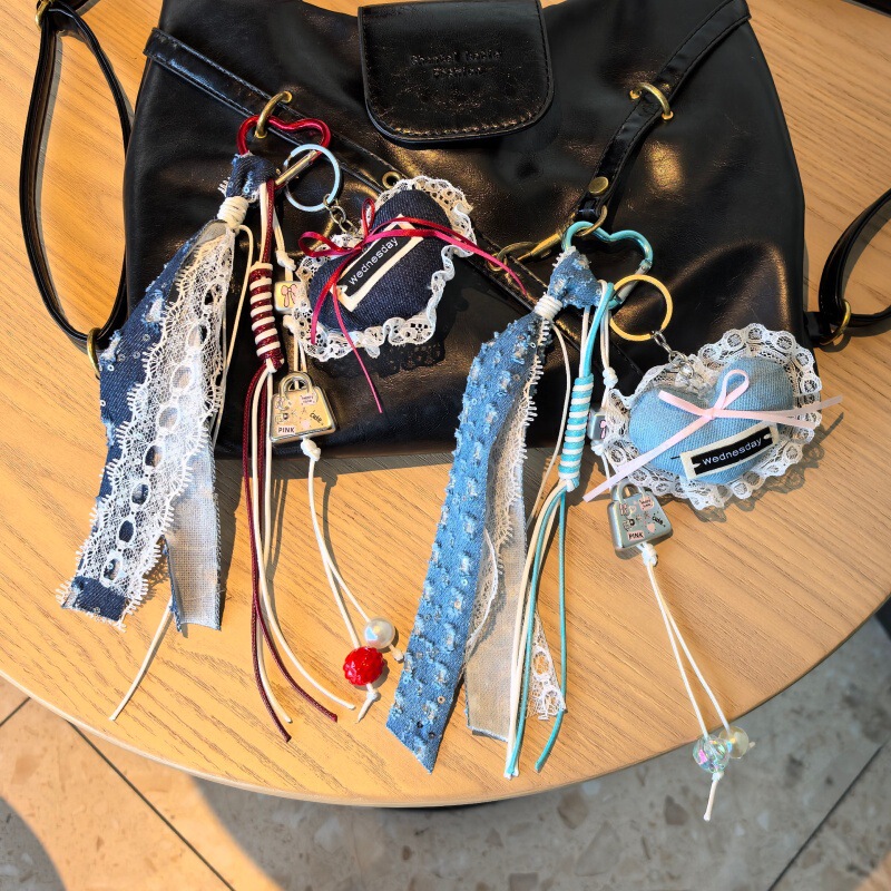 Cross-Border Miu Series Niche Lace Denim Heart-Shaped Couple Keychain Bag Accessory Pendant Woven Lanyard Bag Charm