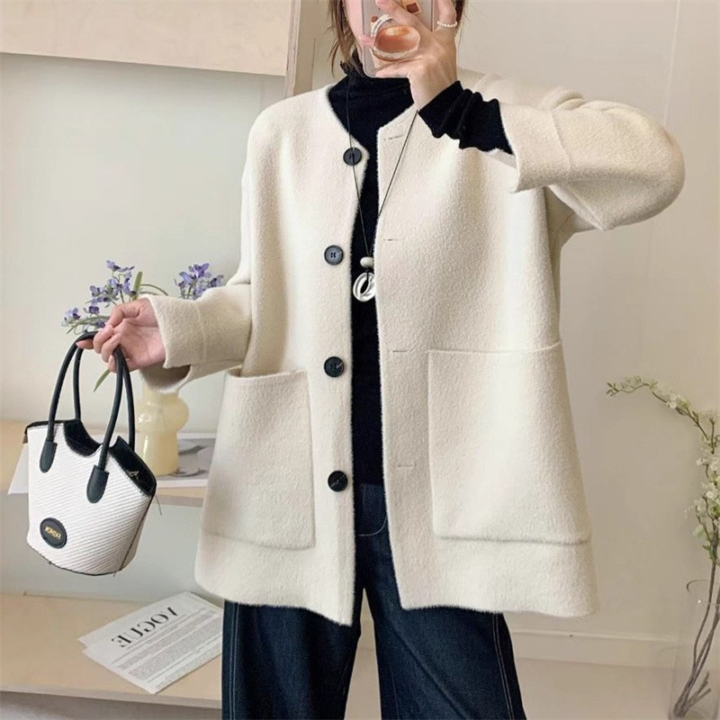 秋冬新款简约时尚气质针织开衫女韩系宽松慵懒风仿双面呢外套上衣|undefined