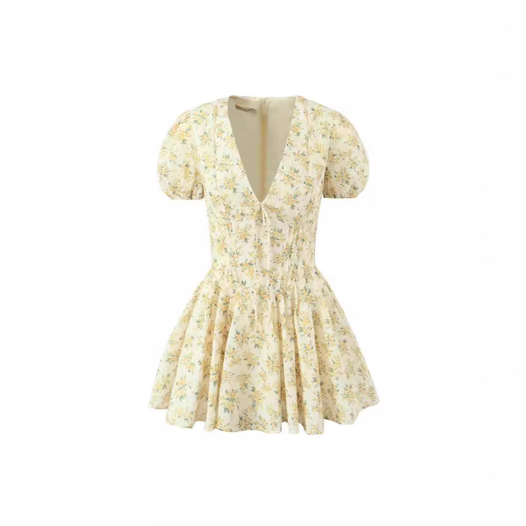 25 New Ld Summer Styles with Sweet Prints and Chic Puff Sleeves Mini Skirts French Deep V Sexy Short Princess Skirts