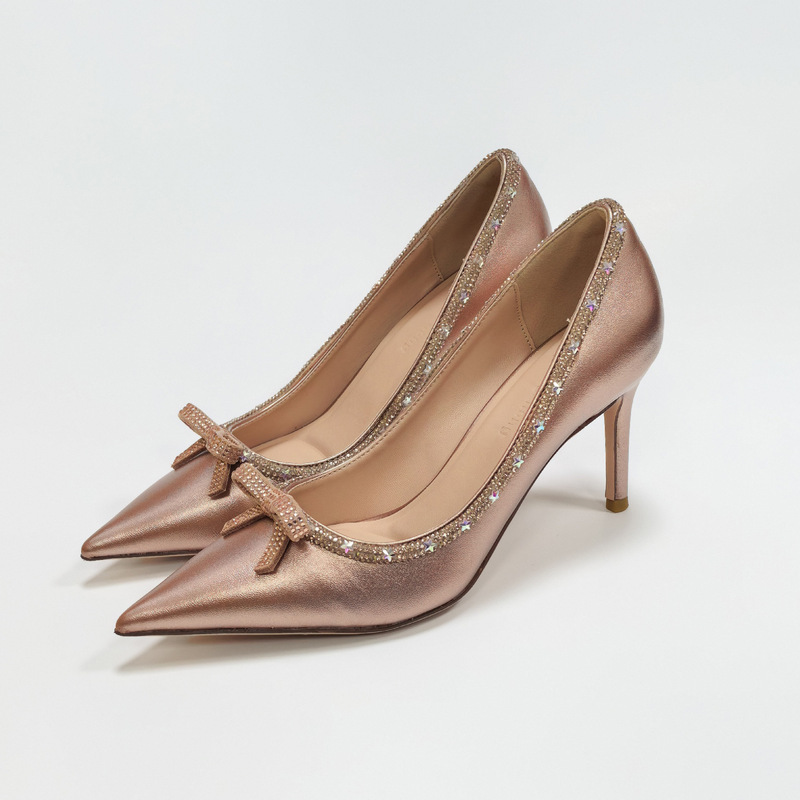 French-style elegant champagne-colored rhinestone bow-tie pointed-toe high heels, 2026 new collection, stiletto heels, shallow-toe pumps for women French-style elegant champagne-colored rhinestone bow-tie pointed-toe high heels, 2026 new collection, stiletto heels, shallow-toe pumps for women