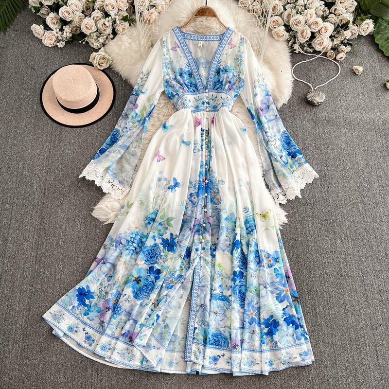 Carefully Selected European and American Palace-Style Dresses, Sexy Deep V Neck, Buttoned Waist, Slimming Look, Long Design, Printed Elegant